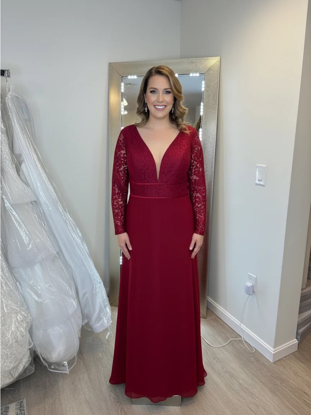 Christina Wu Burgundy Lace Long-Sleeve Gown